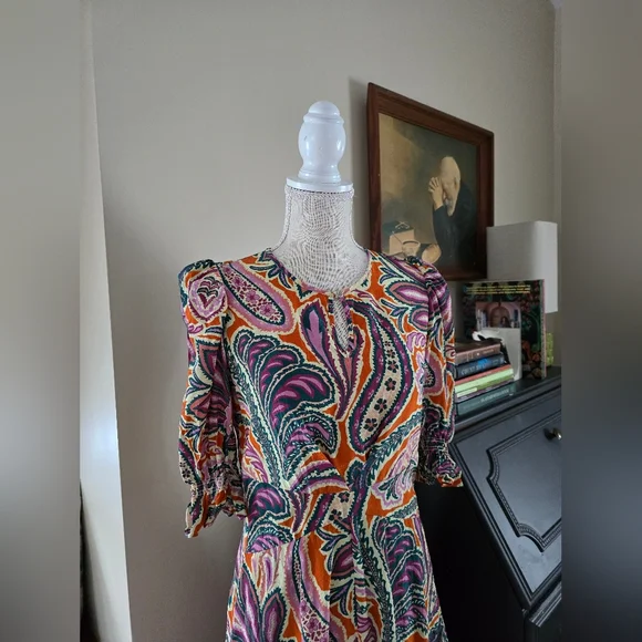 Tyler Boe Womens Dress Size Small Silk Purple And Orange Paisley Puff Sleeves - Picture 8 of 16
